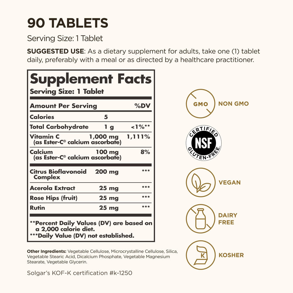 Solgar Ester-C Plus bottle back label highlighting calcium ascorbate metabolite complex