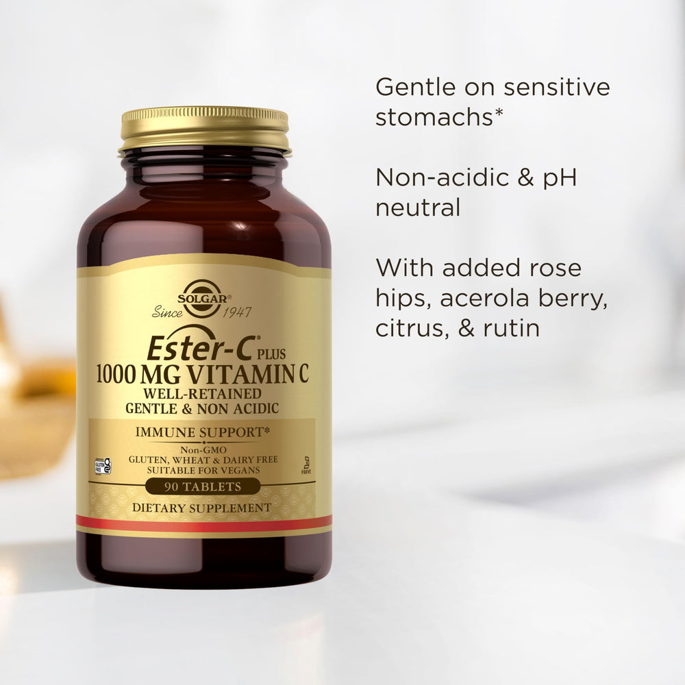 Natural bioflavonoids, acerola, and rose hips accompany the product image