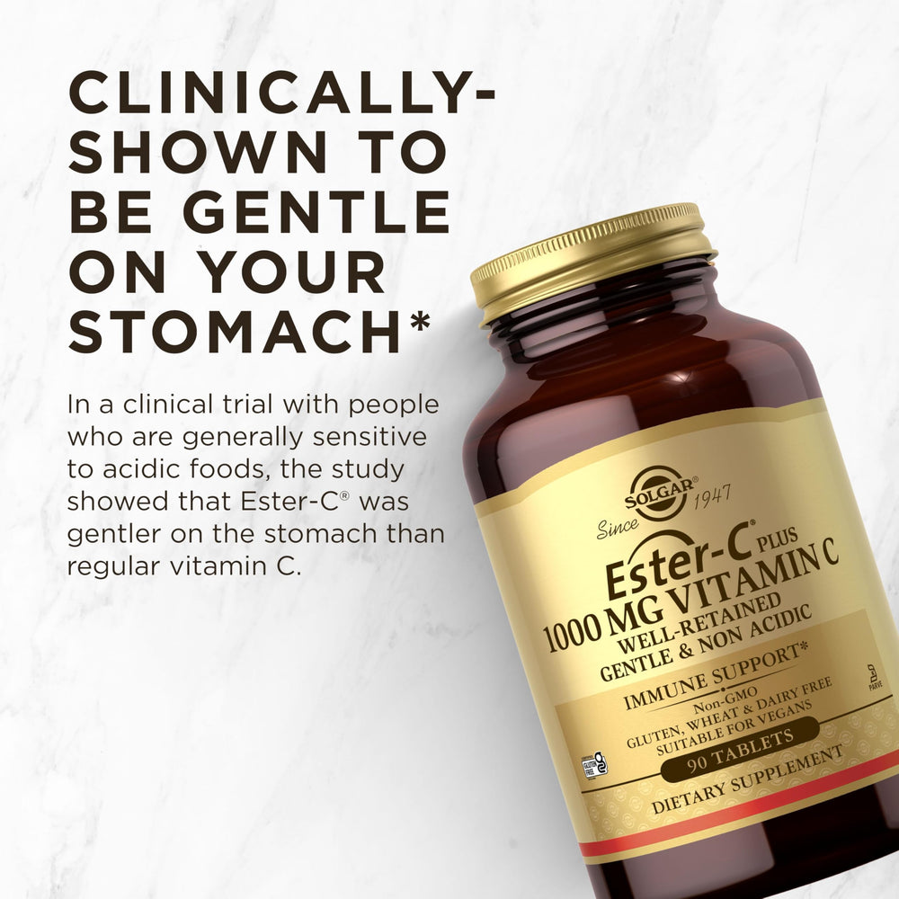 Solgar Ester-C Plus on a store shelf, emphasizing 90 servings