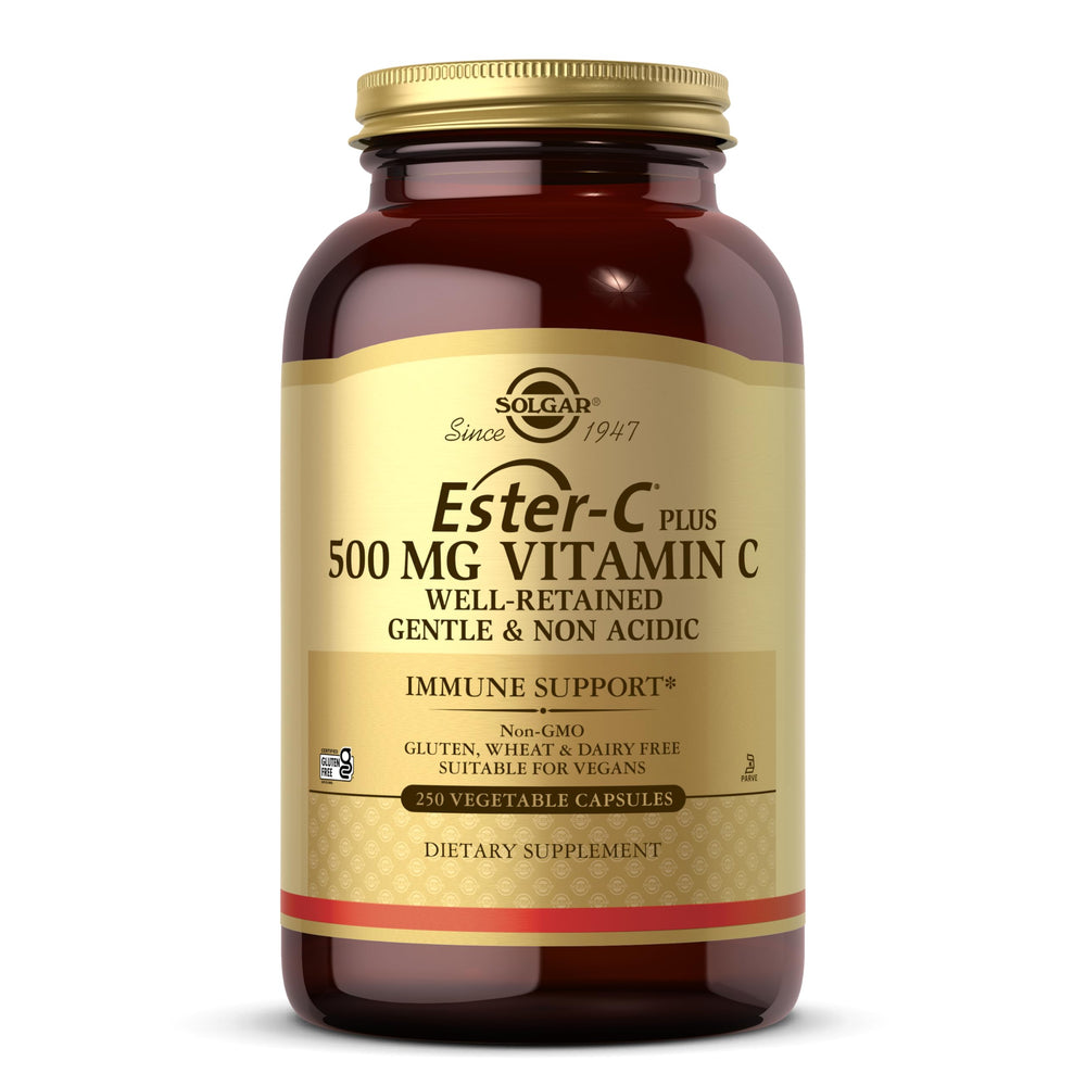 Solgar Ester-C Plus bottle front showing gentle Vitamin C for immune support