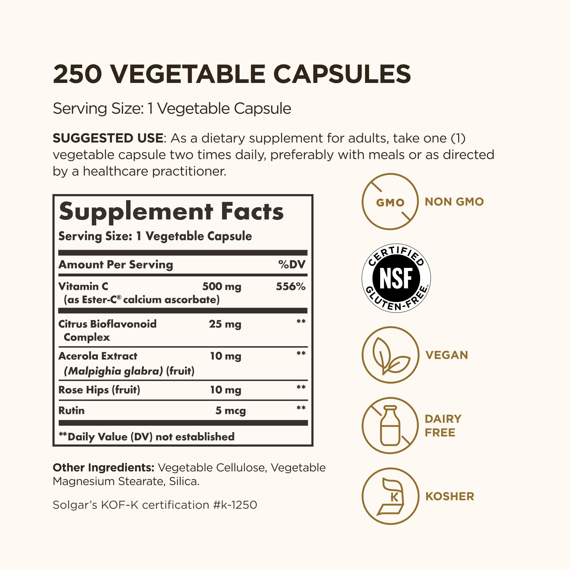 Solgar Ester-C Plus bottle side label highlighting non-GMO and vegan capsules