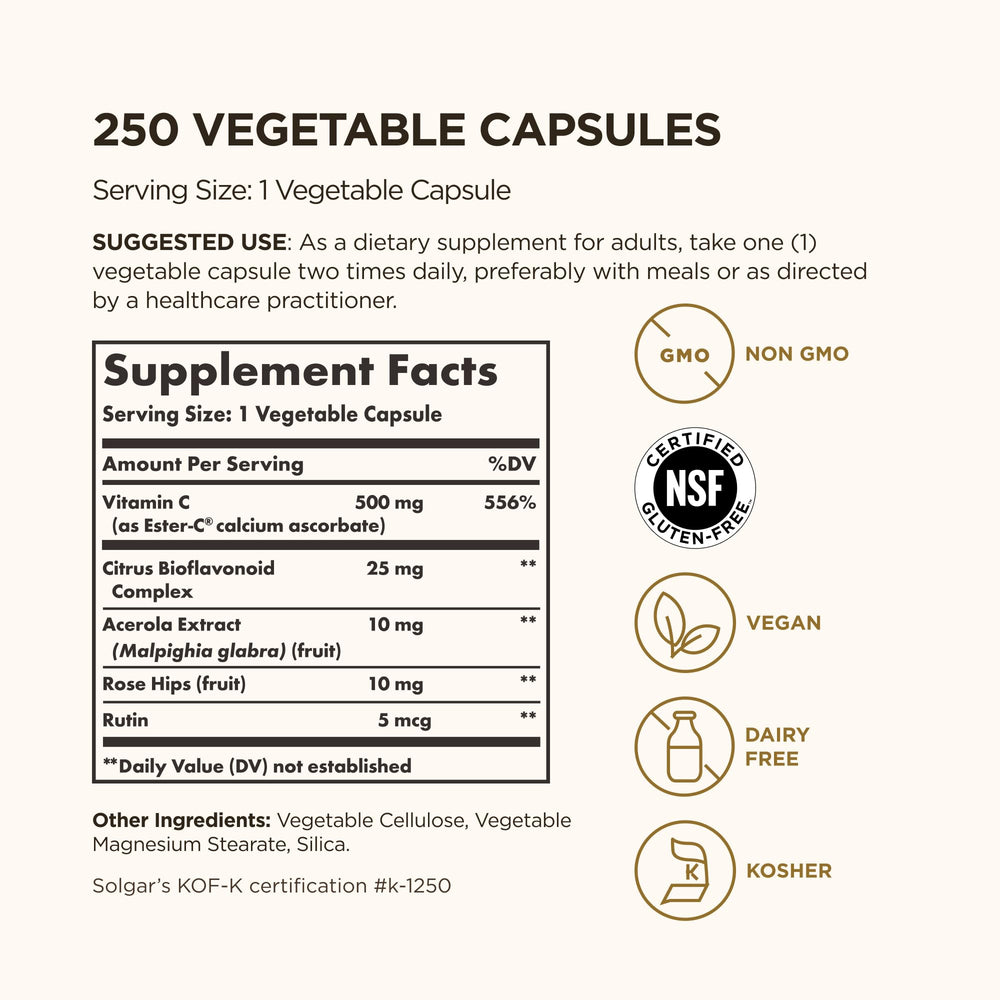 Solgar Ester-C Plus bottle side label highlighting non-GMO and vegan capsules