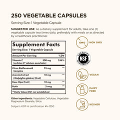 Solgar Ester-C Plus bottle side label highlighting non-GMO and vegan capsules
