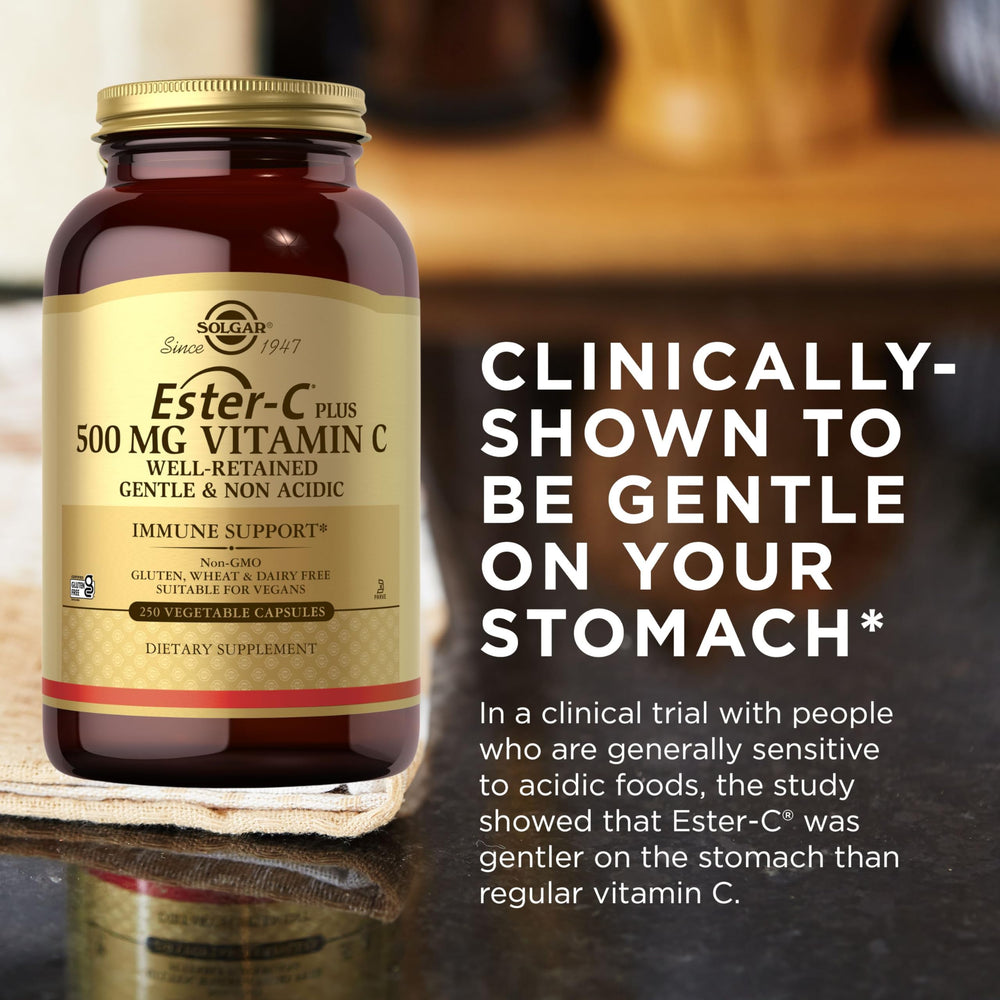 Solgar Ester-C Plus rose hips and acerola imagery highlighting fruit blend
