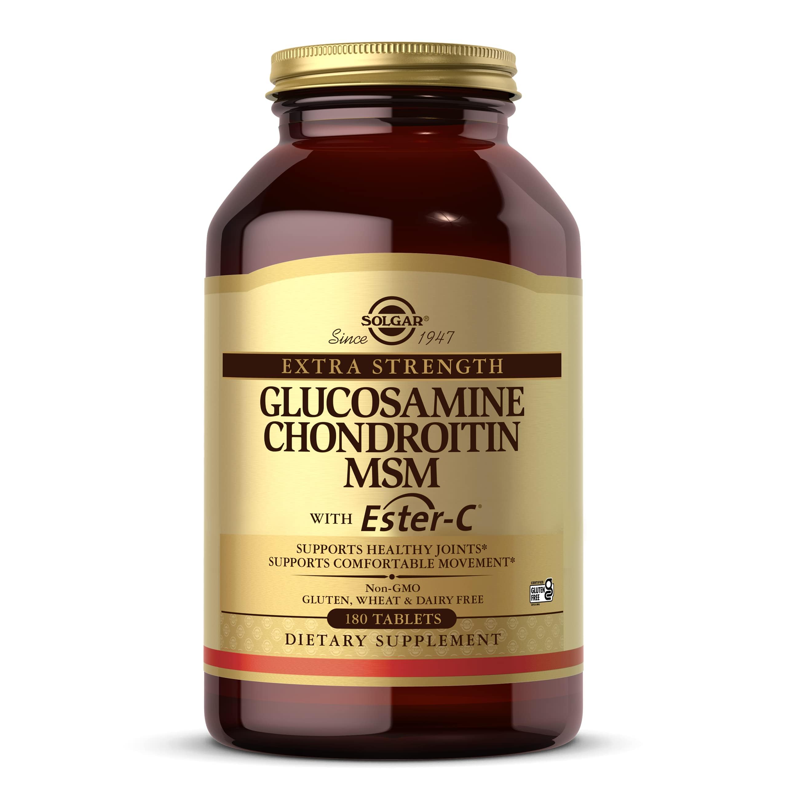Solgar extra strength glucosamine chondroitin msm ester-c bottle highlighting joint support