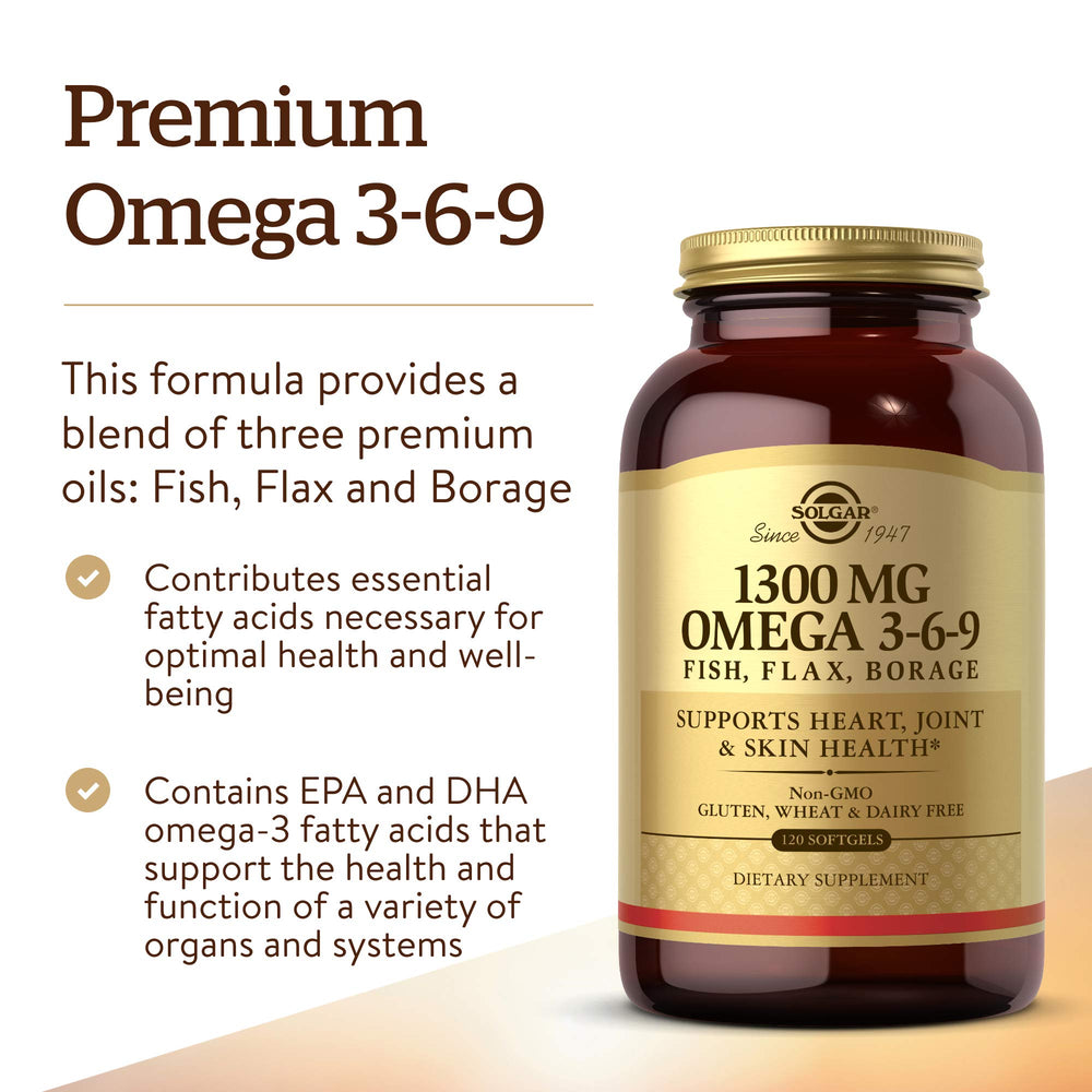 Solgar fish flax borage oil blend softgels beside bottle