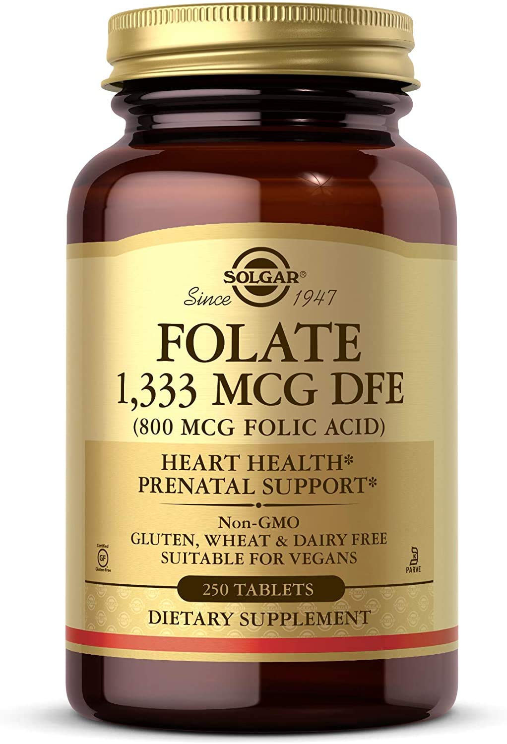 Solgar Folate bottle close-up highlighting 1,333 mcg DFE for heart support