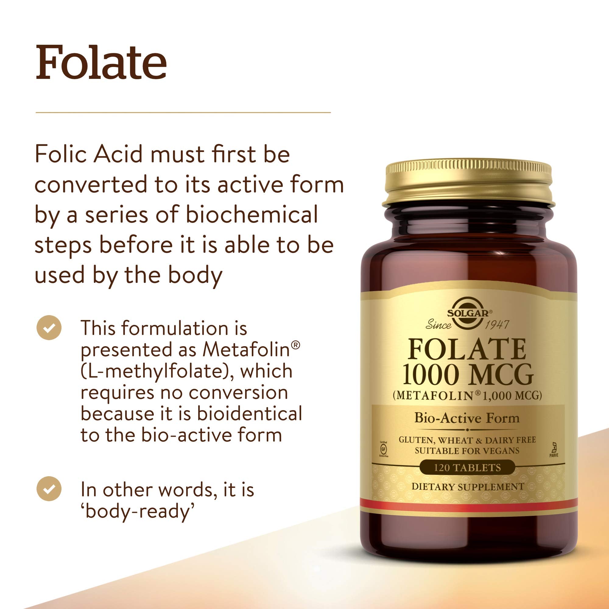 Solgar Folate bottle label detail featuring vegan and gluten-free badges