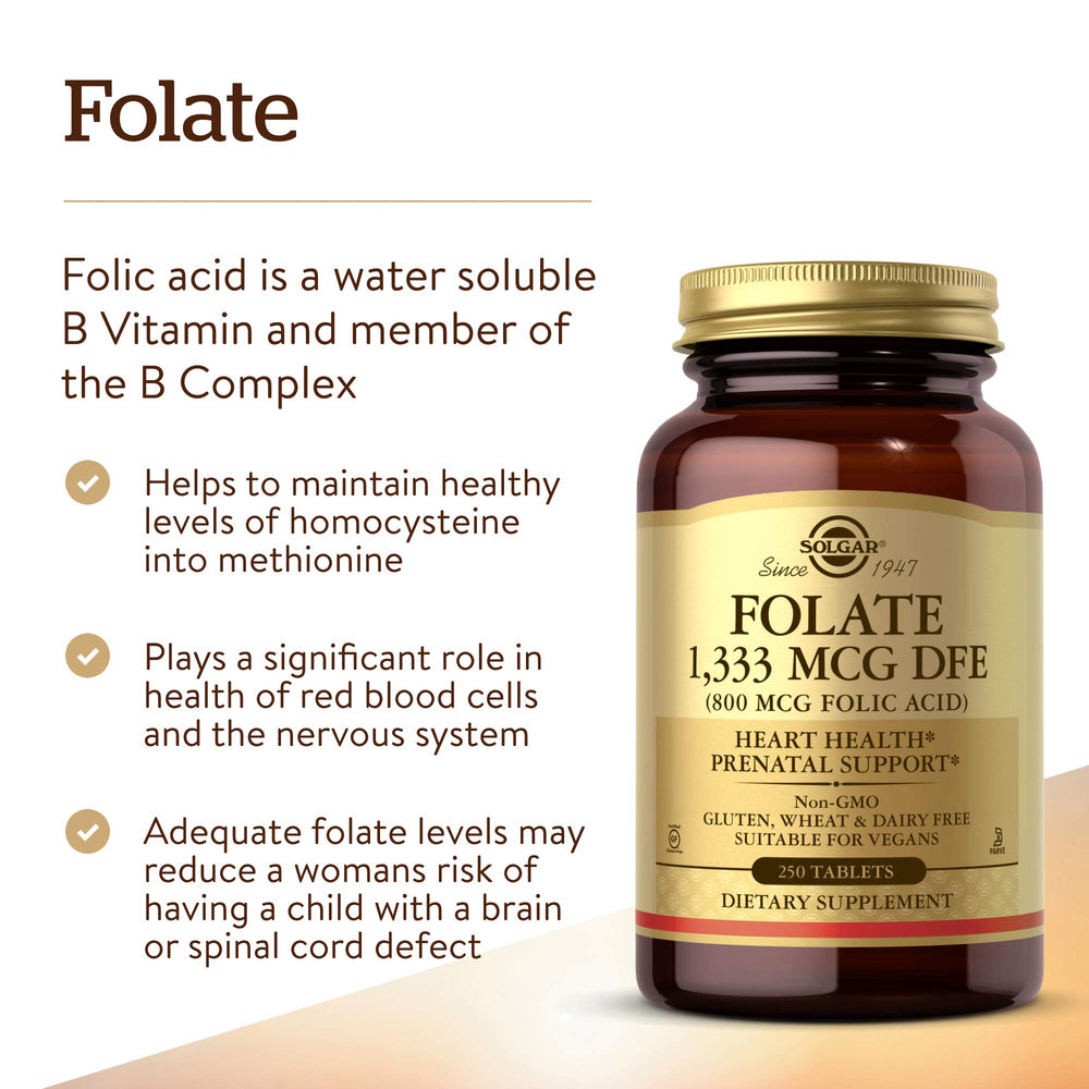 Solgar Folate label on bottle emphasizing vegan and gluten-free status