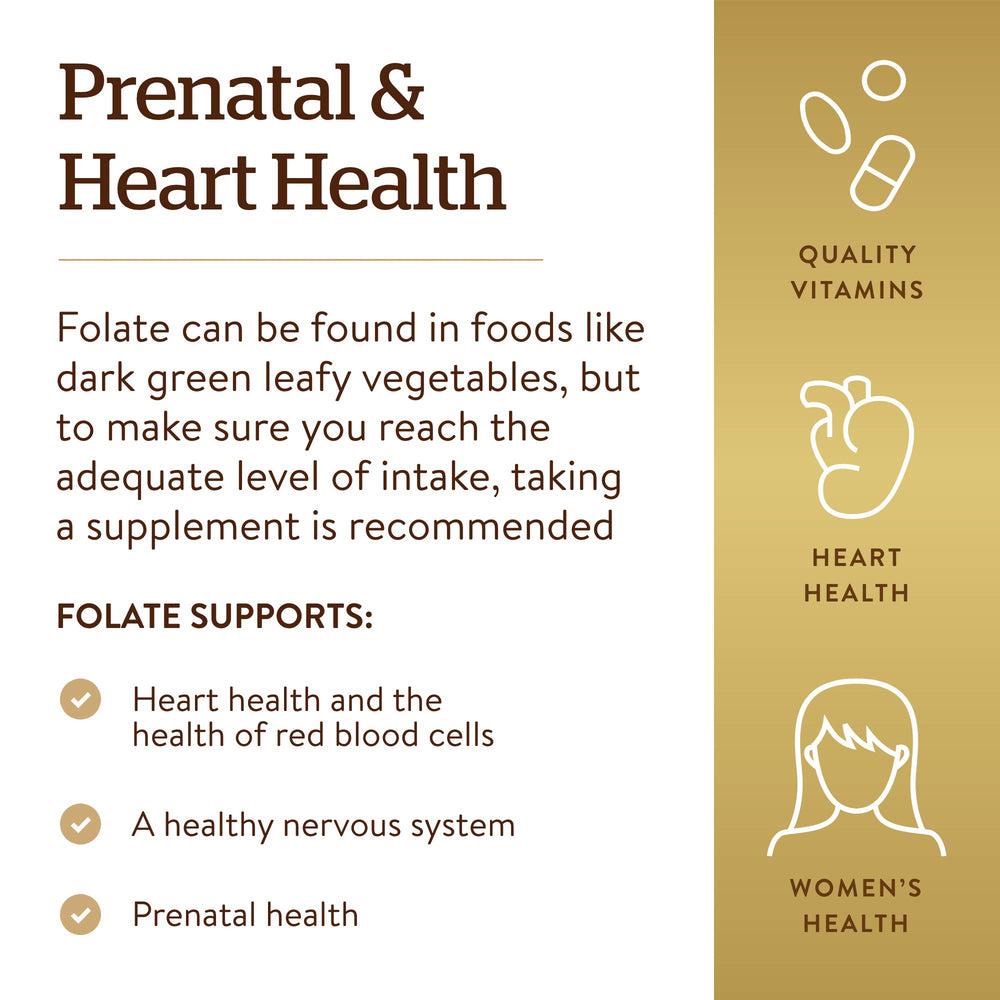 Solgar Folate nutrition panel with daily intake guidance