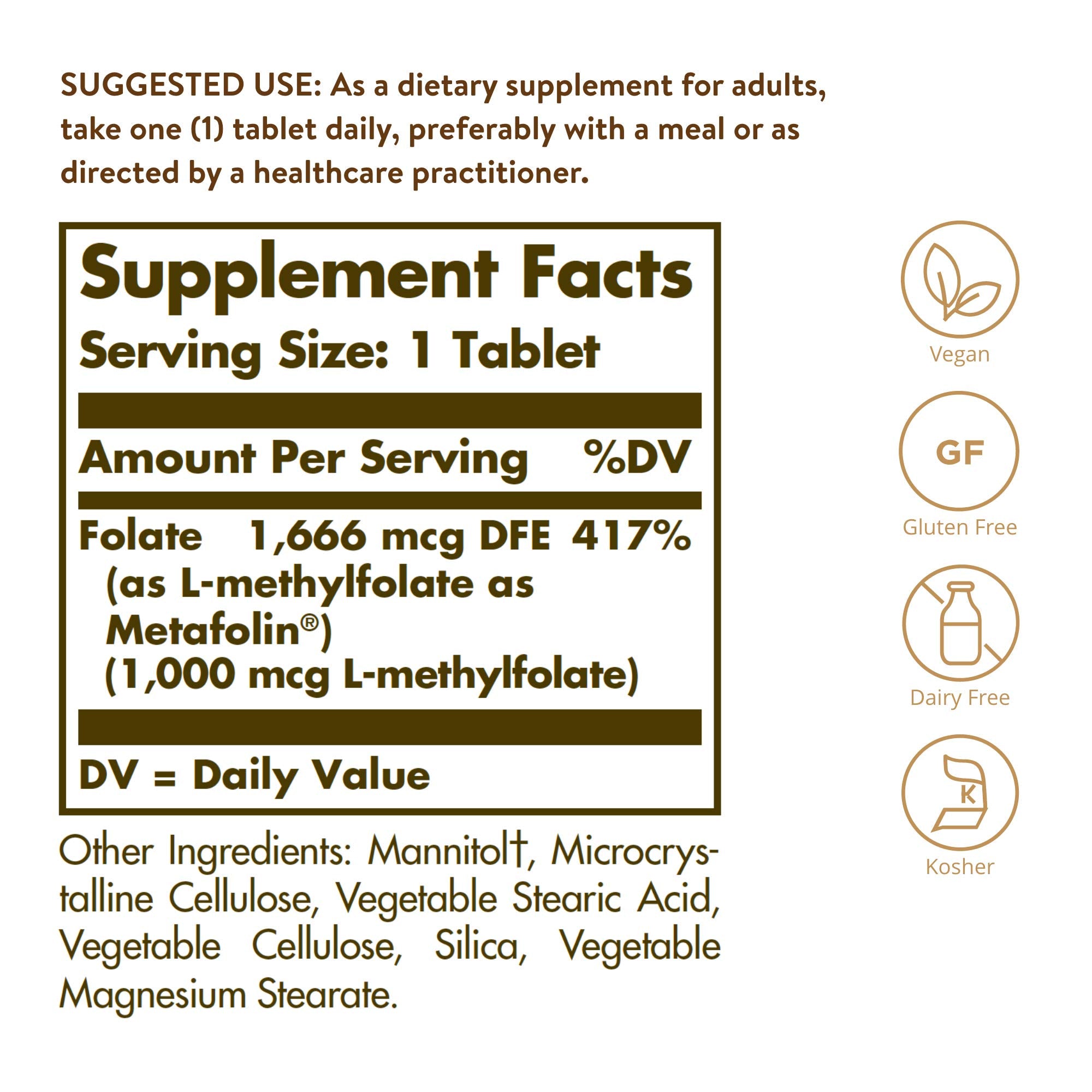 Solgar Folate tablets close-up highlighting 1000 mcg Metafolin