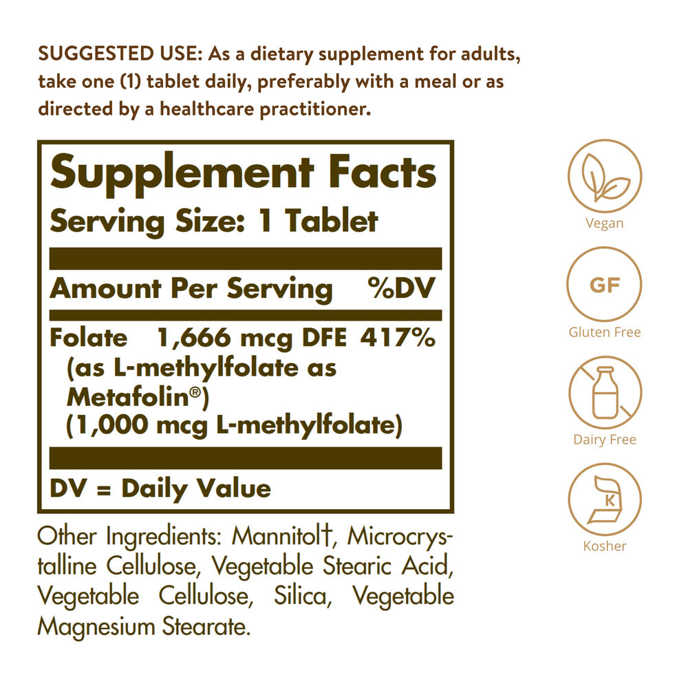 Solgar Folate tablets close-up highlighting 1000 mcg Metafolin