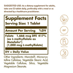 Solgar Folate tablets close-up highlighting 1000 mcg Metafolin