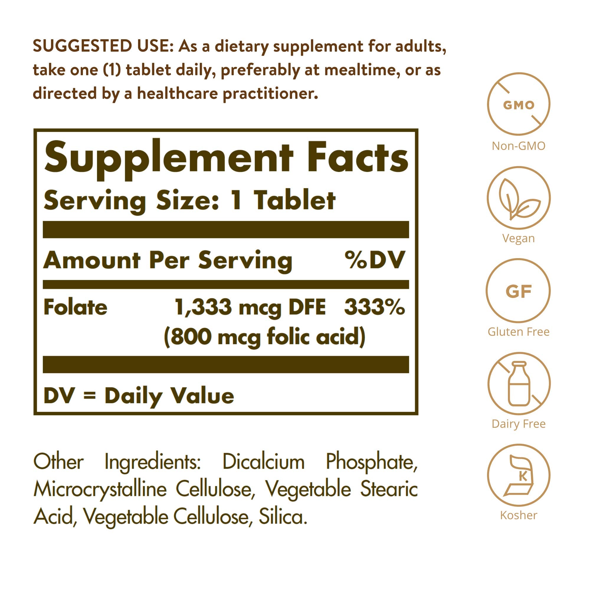 Solgar Folate tablets stacked to show serving size