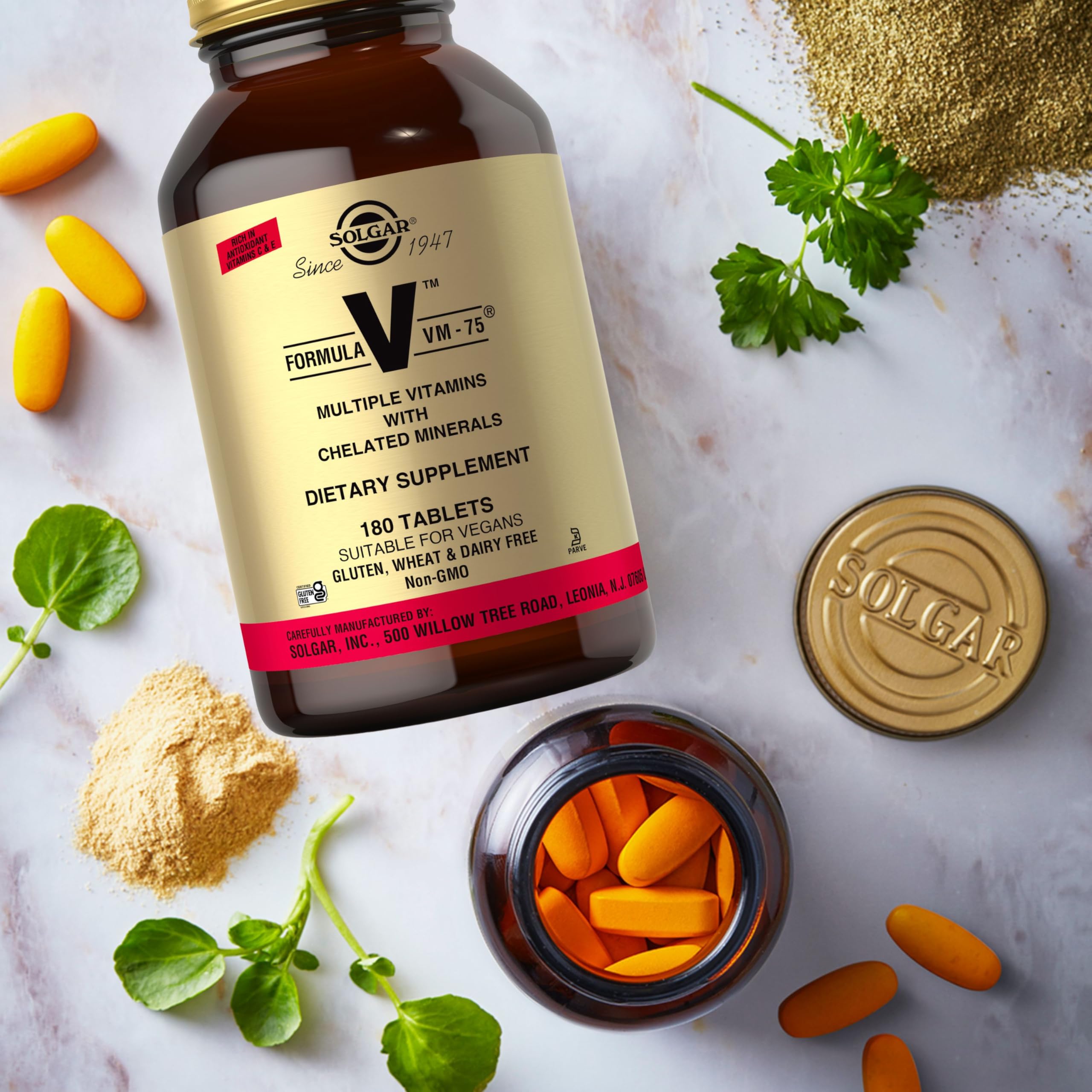 Solgar Formula VM-75 brand-logo on bottle conveys trust and heritage.