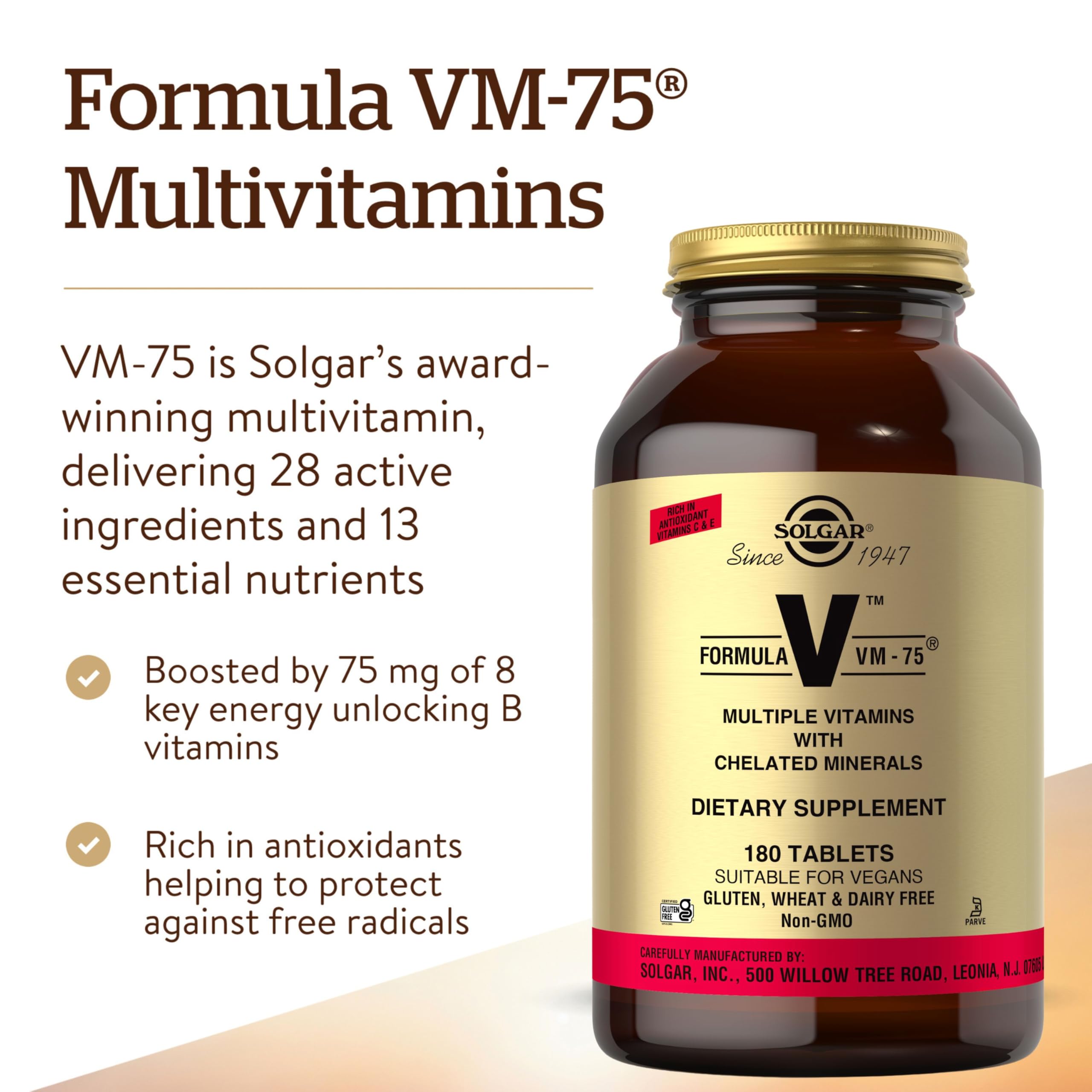 Solgar Formula VM-75 nutrition-facts-label highlights broad vitamin and mineral coverage.
