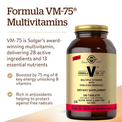 Solgar Formula VM-75 nutrition-facts-label highlights broad vitamin and mineral coverage.