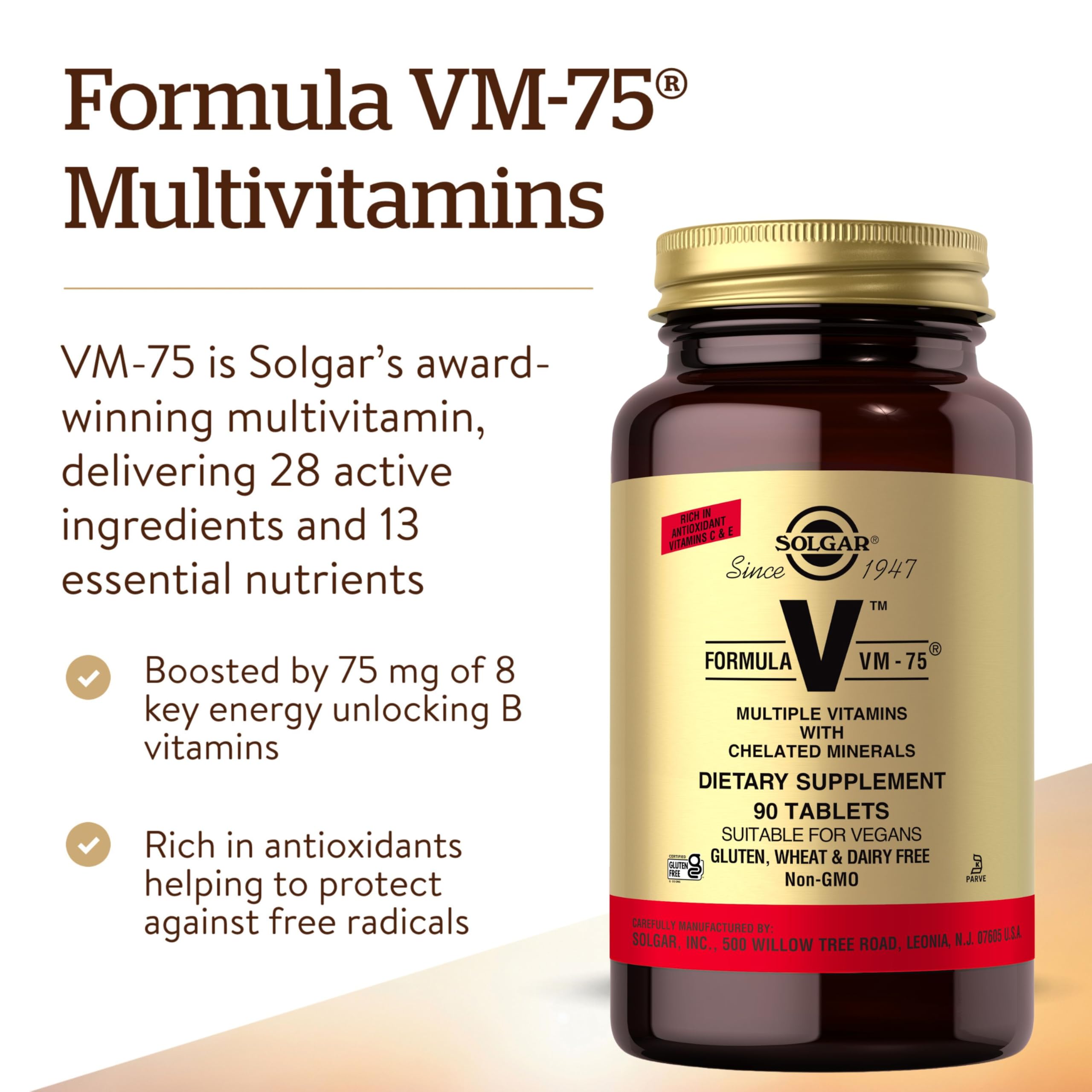Solgar Formula VM-75 tablets close-up for easy daily tablet intake.