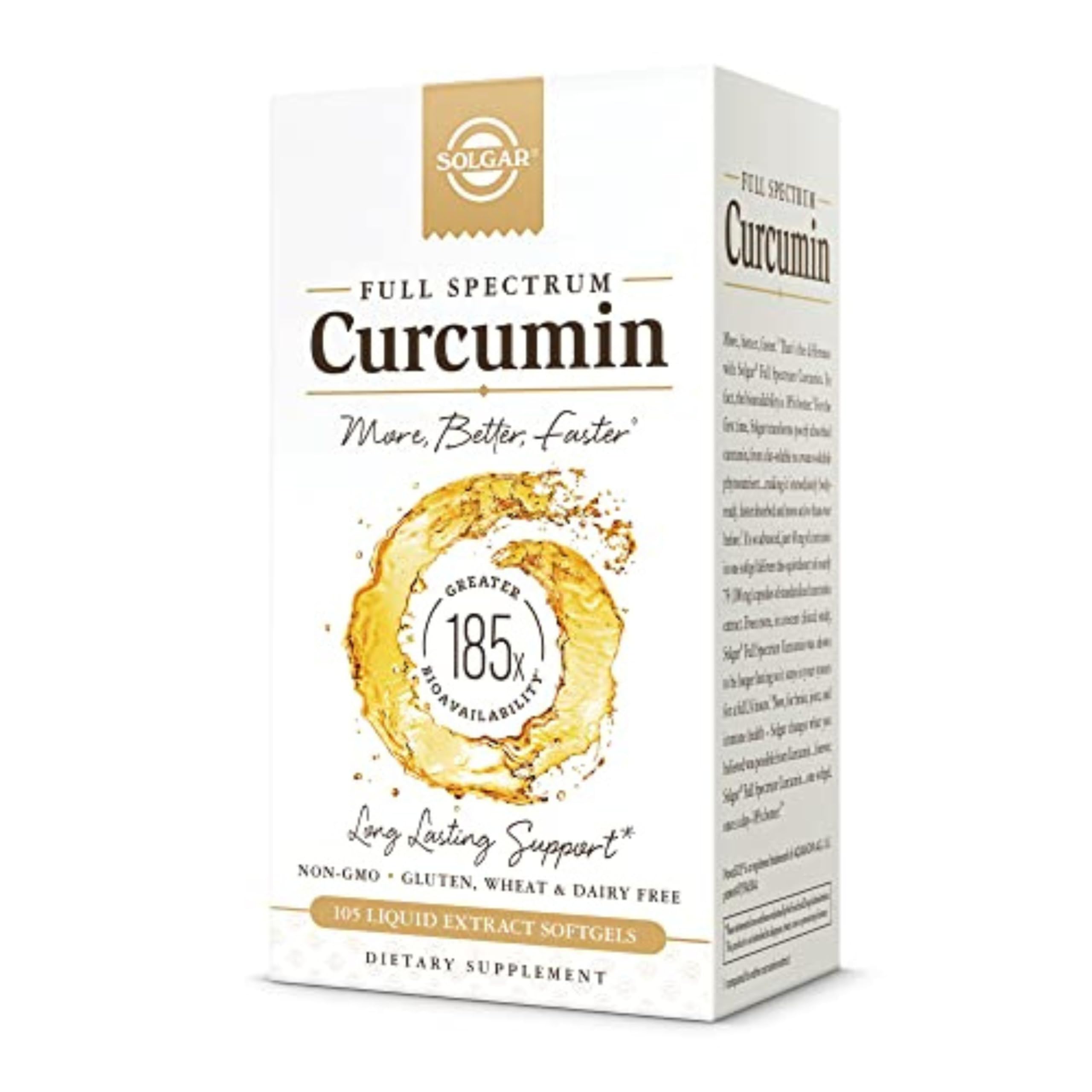 Solgar Full Spectrum Curcumin LiCaps bottle highlighting vegan, gluten-free formulation.