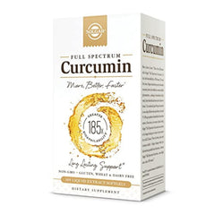 Solgar Full Spectrum Curcumin LiCaps bottle highlighting vegan, gluten-free formulation.