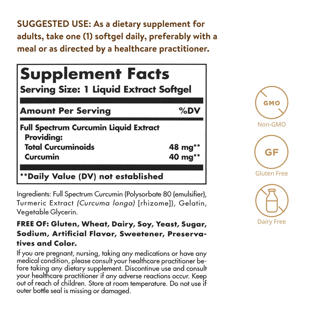 Solgar Full Spectrum Curcumin LiCaps capsules visible for easy swallowing.