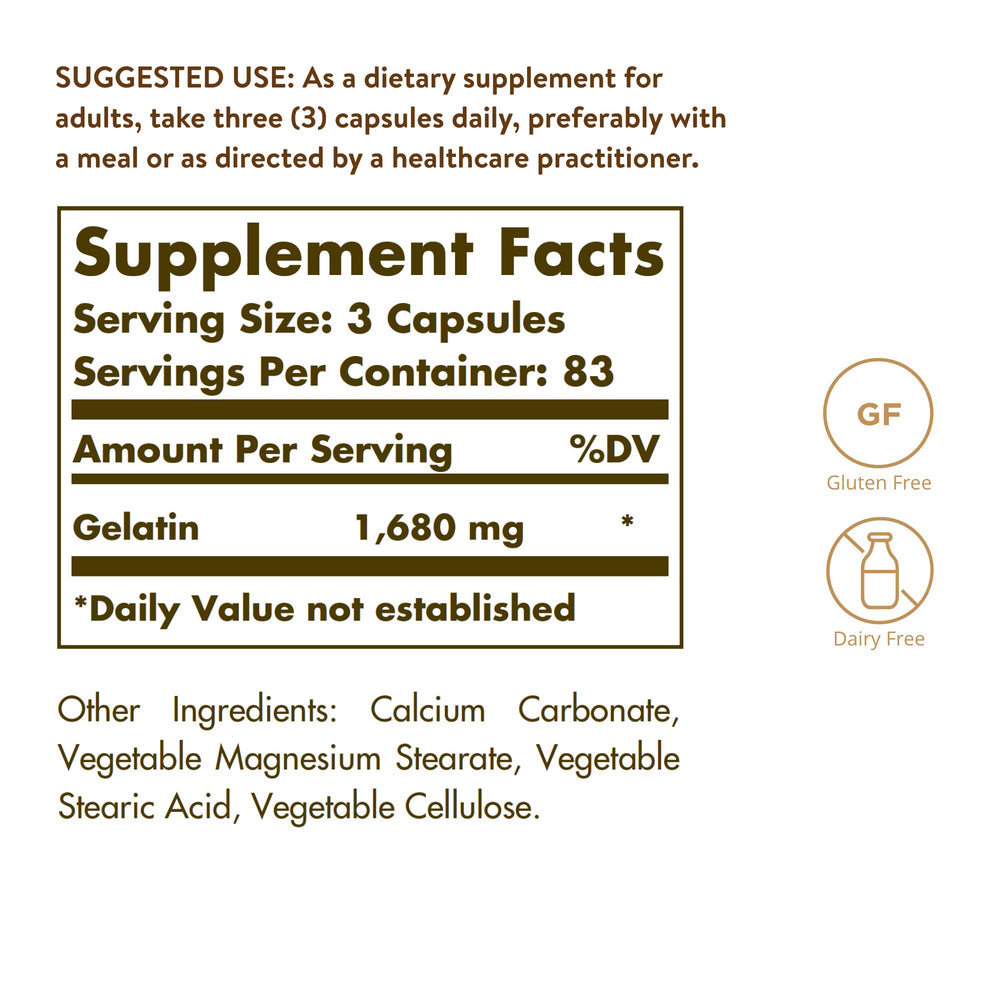 Solgar Gelatin 1680 mg bottle label close-up shows gluten-free and dairy-free features.