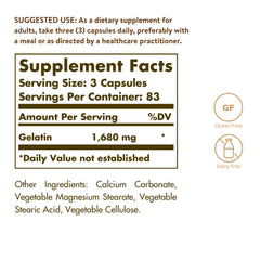 Solgar Gelatin 1680 mg bottle label close-up shows gluten-free and dairy-free features.