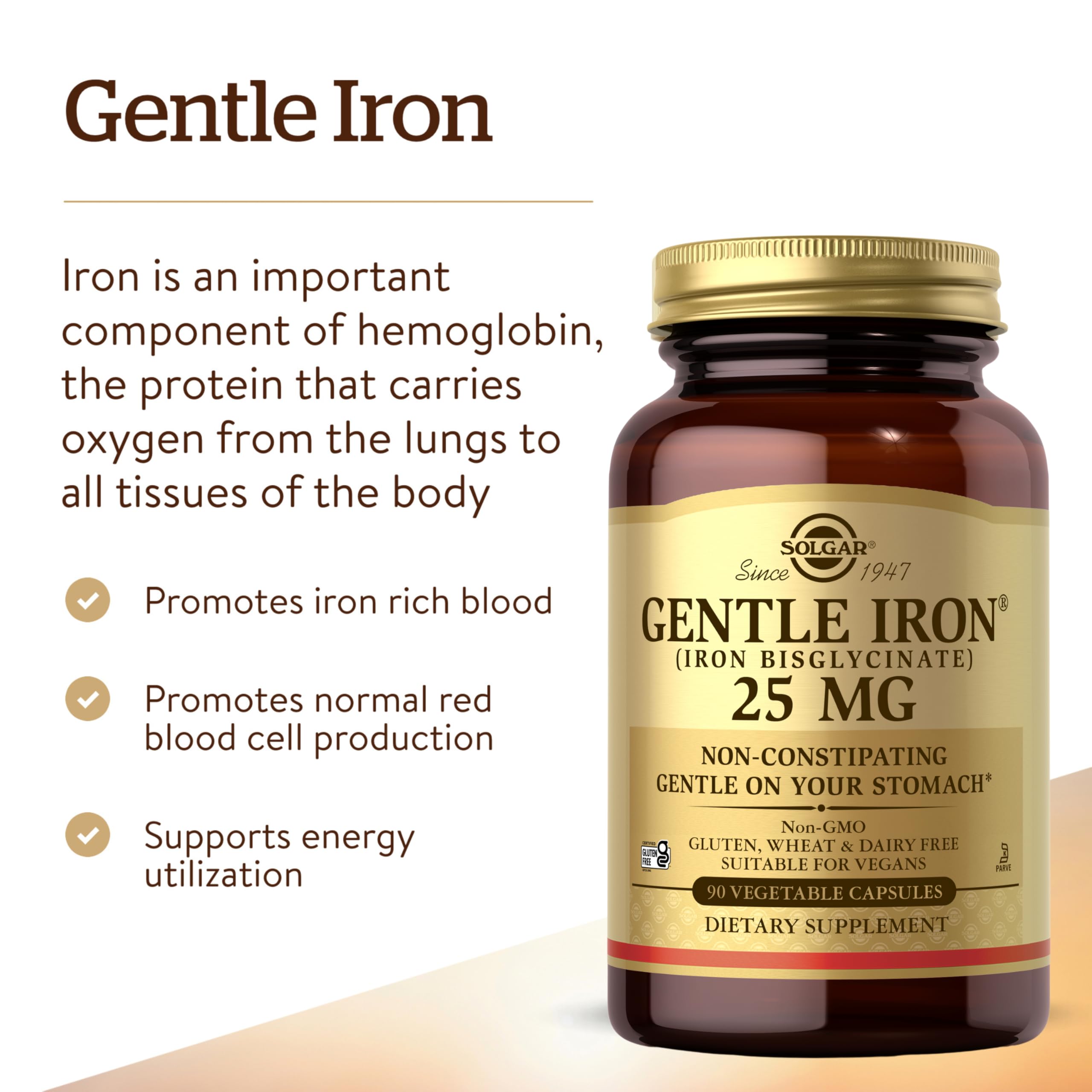 Solgar Gentle Iron 25mg label detail, vegan and non-GMO status.