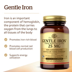 Solgar Gentle Iron 25mg label detail, vegan and non-GMO status.