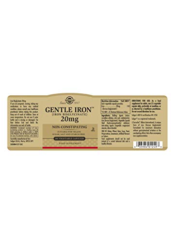Solgar Gentle Iron capsules close-up showing vegetarian capsules for easy iron intake