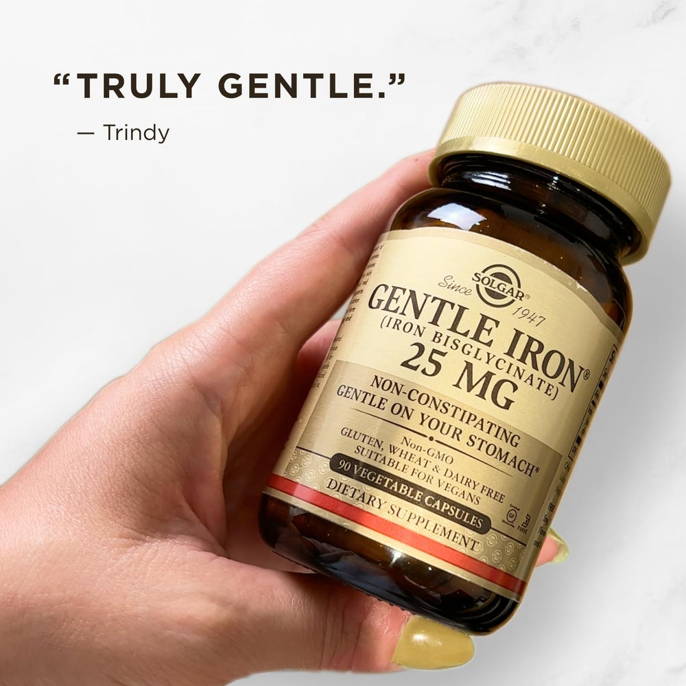 Solgar Gentle Iron packaging close-up focusing on 180 servings per bottle