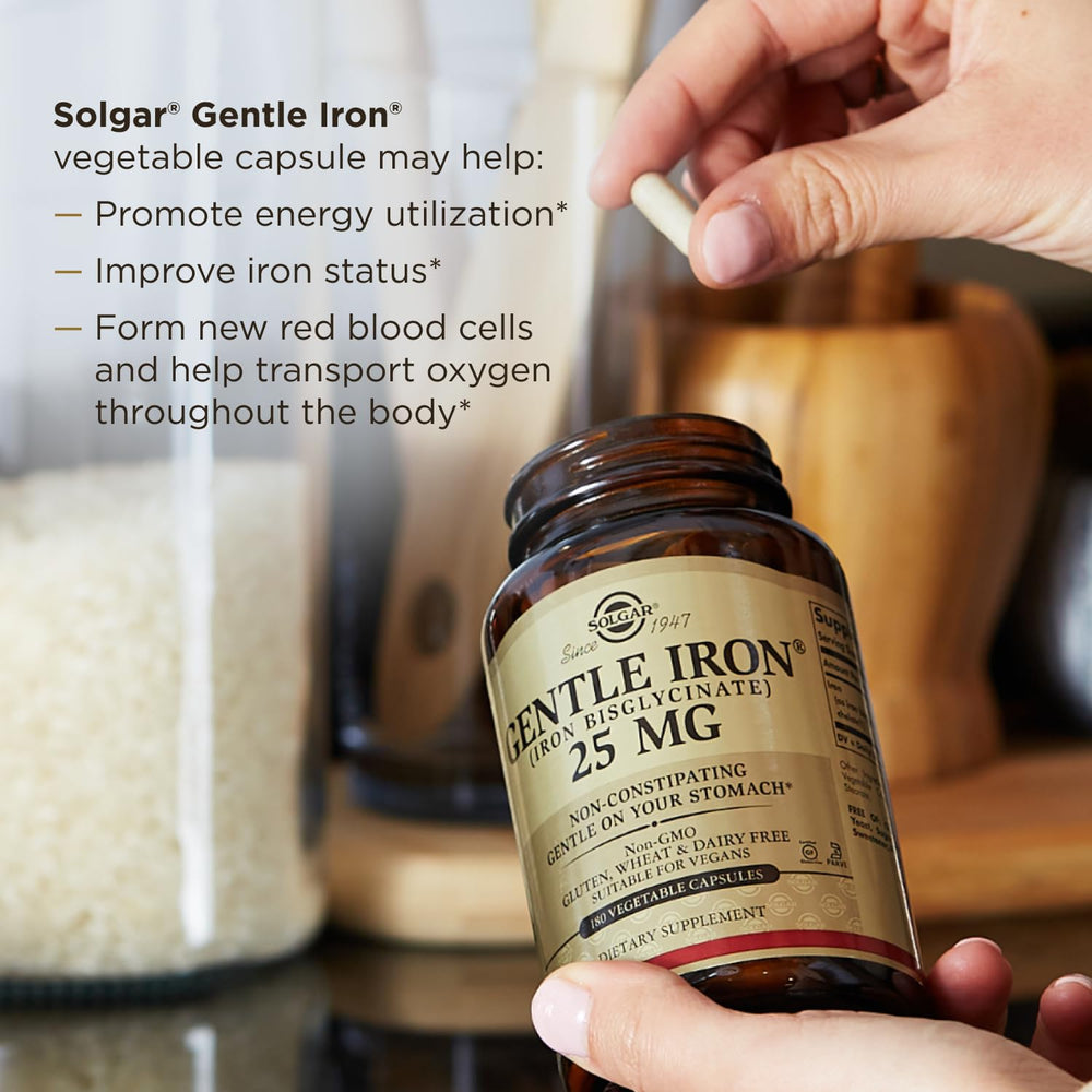 Solgar Gentle Iron bottle shows gluten-free and dairy-free attributes