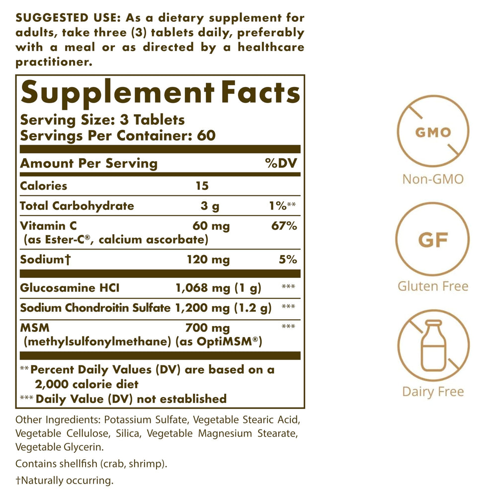 Solgar glucosamine chondroitin msm ester-c tablets close-up for mobility