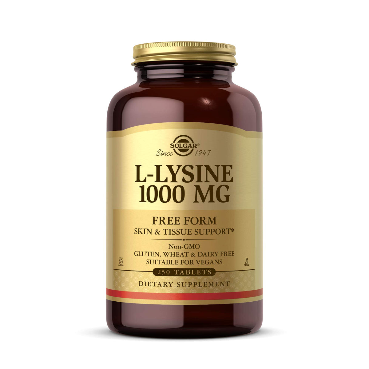 Solgar L-Lysine 1000 mg bottle front view, supports skin and lips health