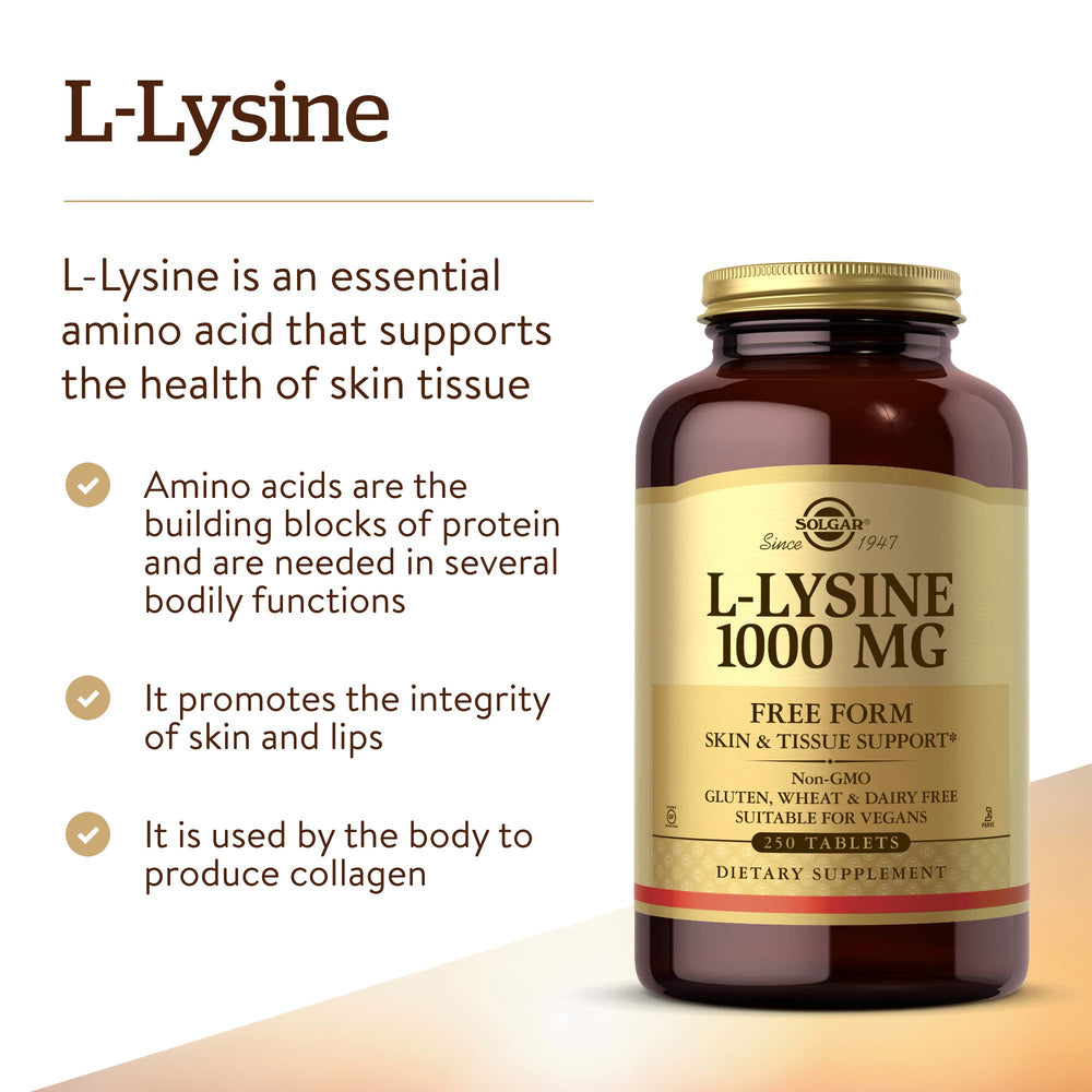 Solgar L-Lysine 1000 mg packaging box, non-GMO and gluten-free