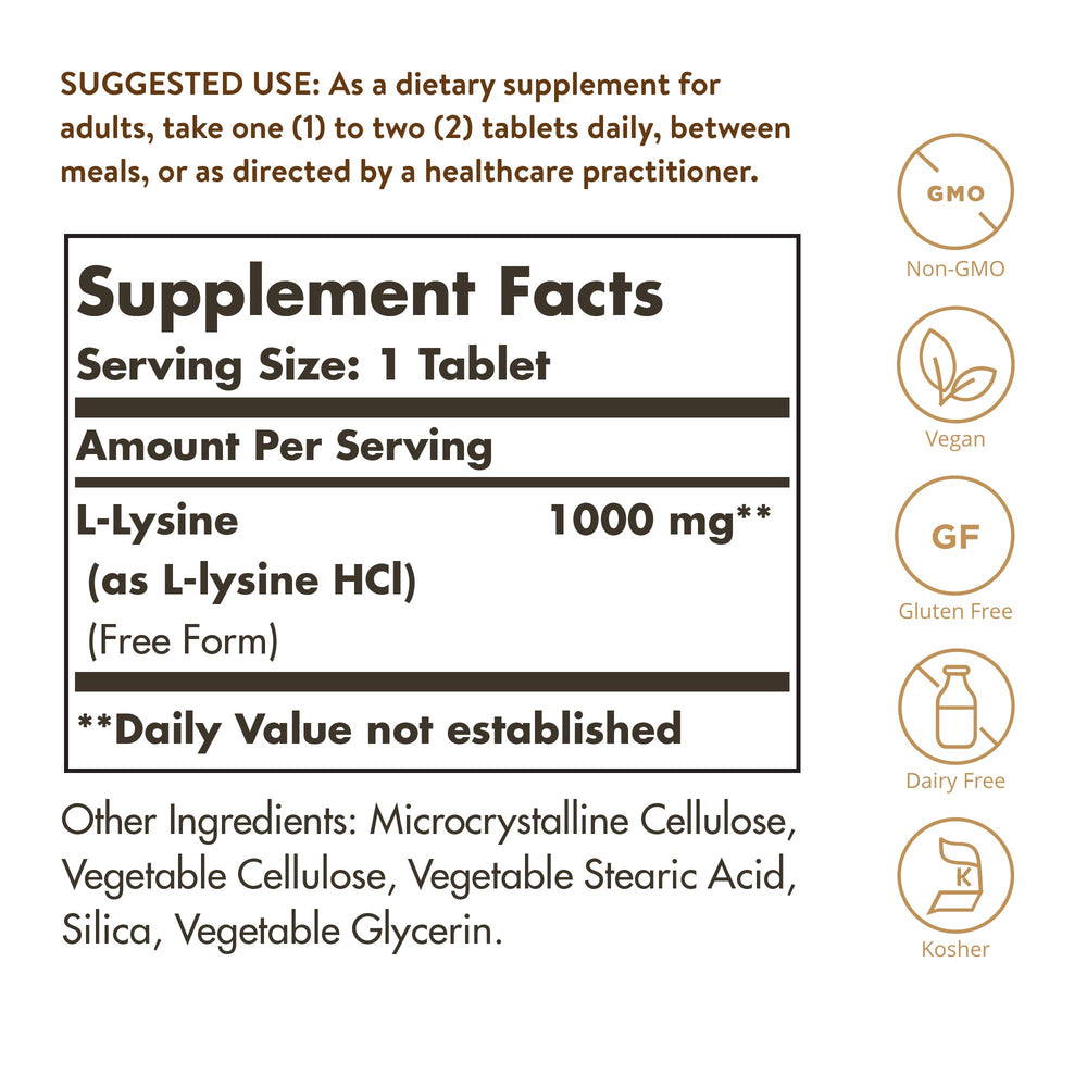Solgar L-Lysine 1000 mg tablets close-up, easy-to-digest amino acid