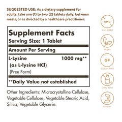 Solgar L-Lysine 1000 mg tablets close-up, easy-to-digest amino acid