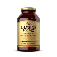 Solgar L-Lysine 500 mg bottle with easy-to-swallow capsules for daily amino support.