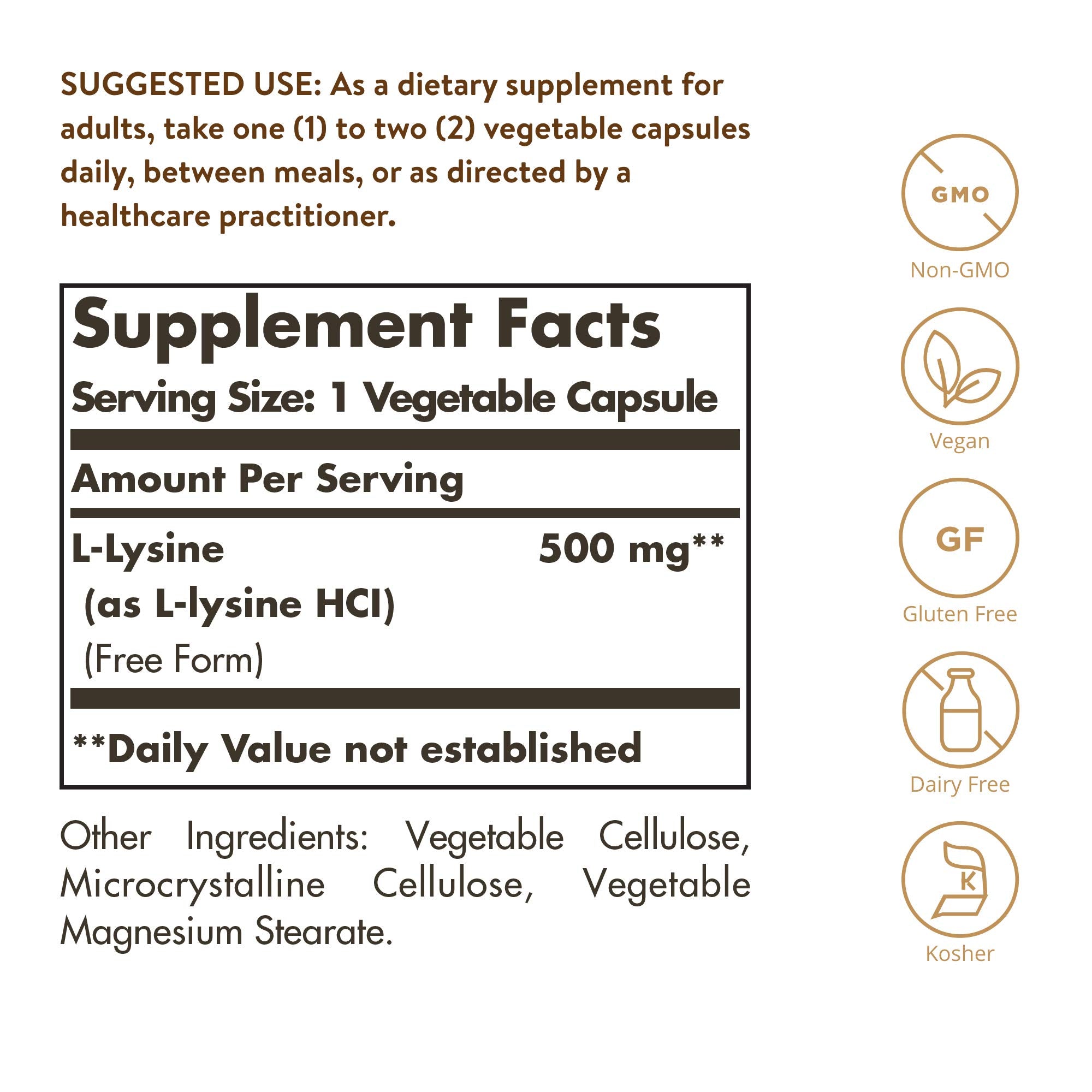 Solgar L-Lysine 500 mg capsules close-up highlighting vegan and non-GMO formula.