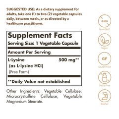 Solgar L-Lysine 500 mg capsules close-up highlighting vegan and non-GMO formula.