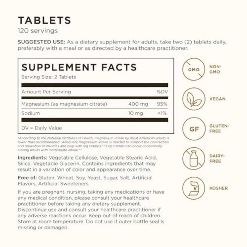 Solgar Magnesium Citrate label close-up highlighting vegan, non-GMO, gluten-free formulation