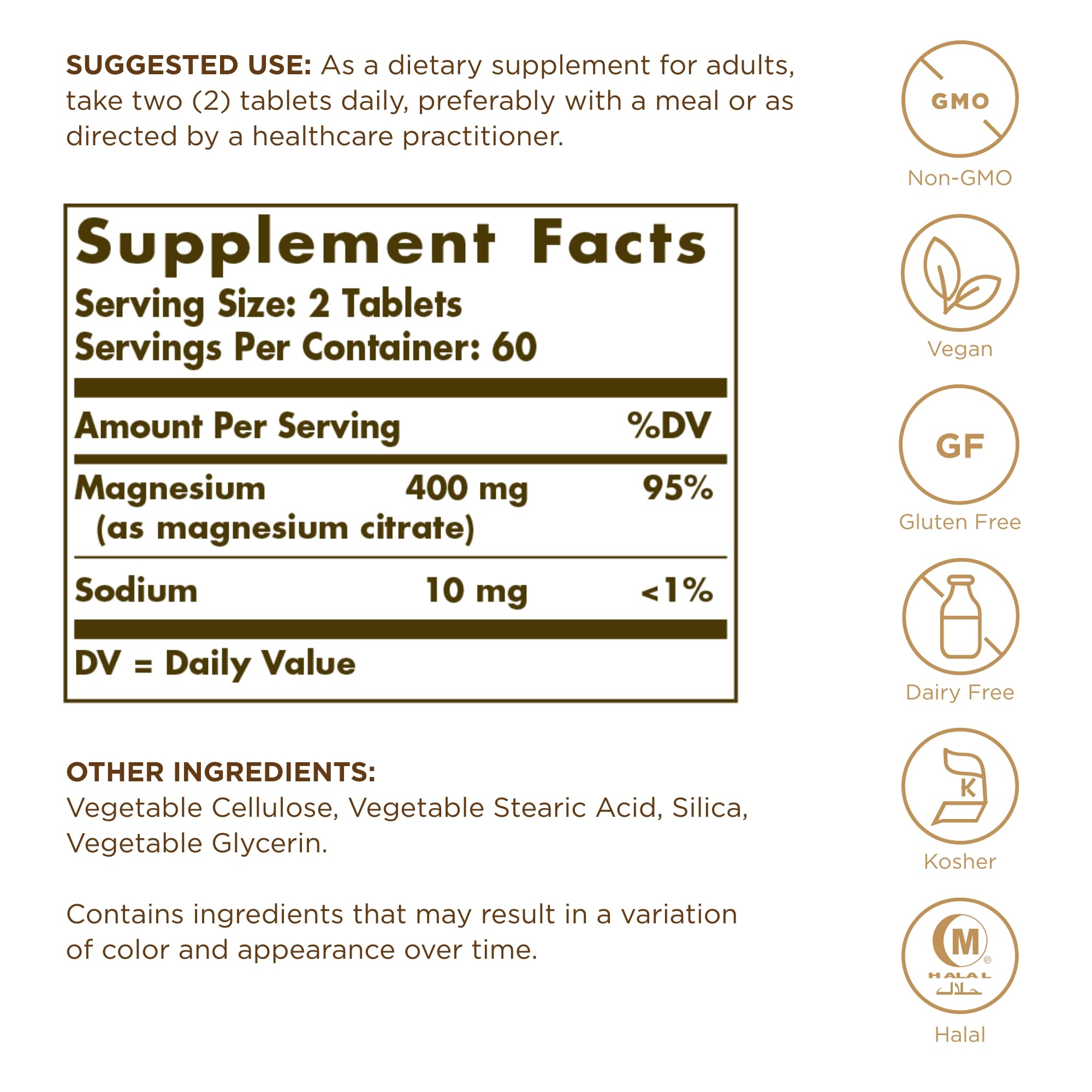Solgar Magnesium Citrate bottle back label highlights highly absorbable citrate form.