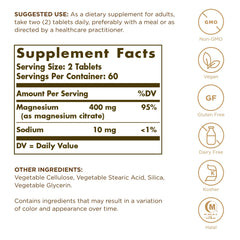 Solgar Magnesium Citrate bottle back label highlights highly absorbable citrate form.