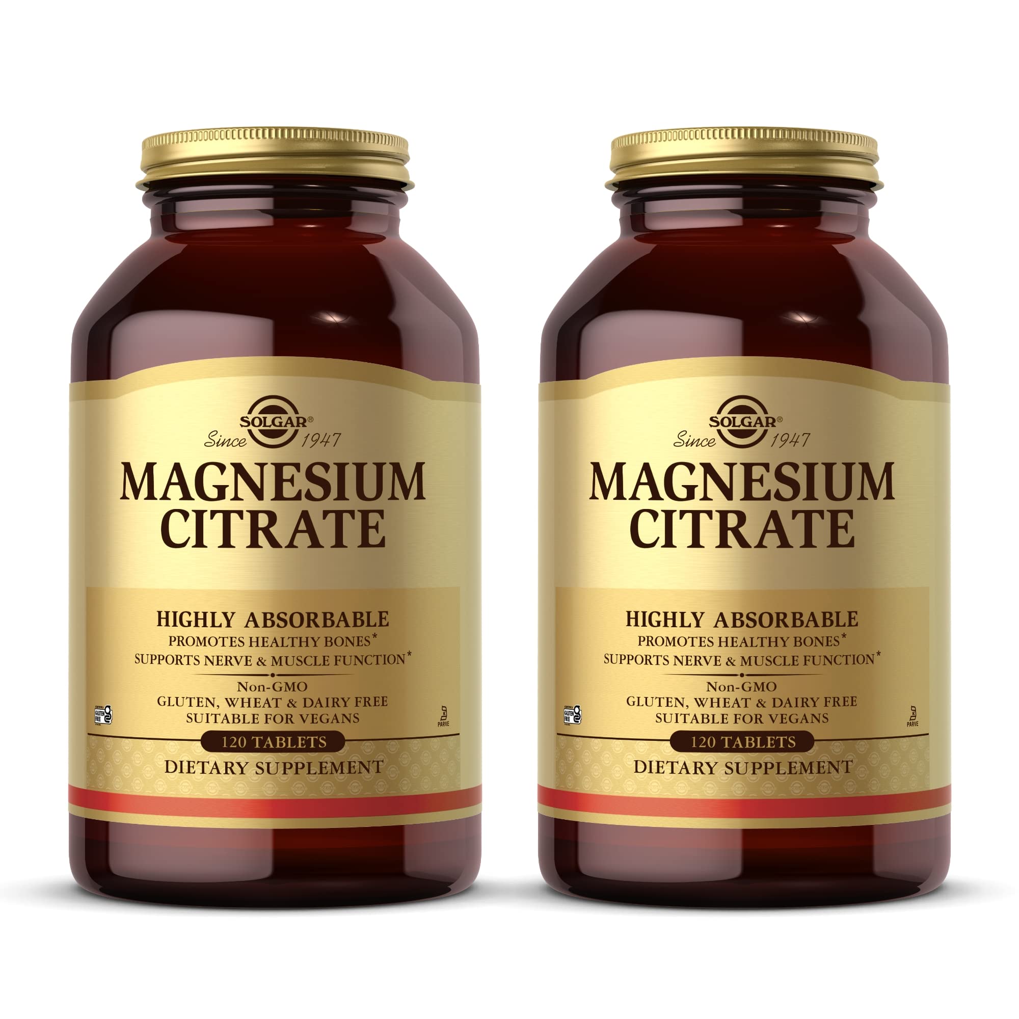 Solgar Magnesium Citrate pack 2 bottle front view shows bone and nerve support.