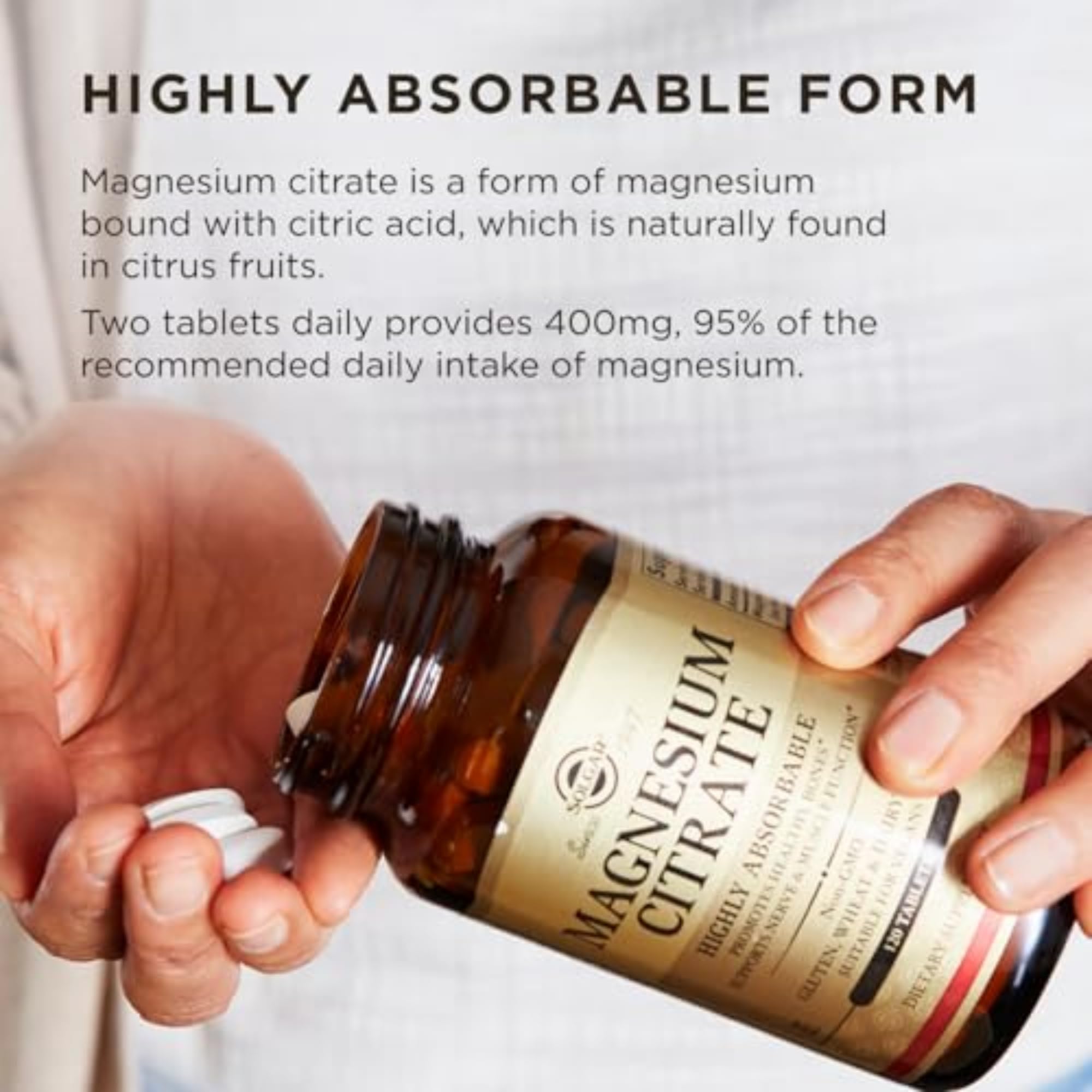 Solgar Magnesium Citrate tablets in bottle with serving information
