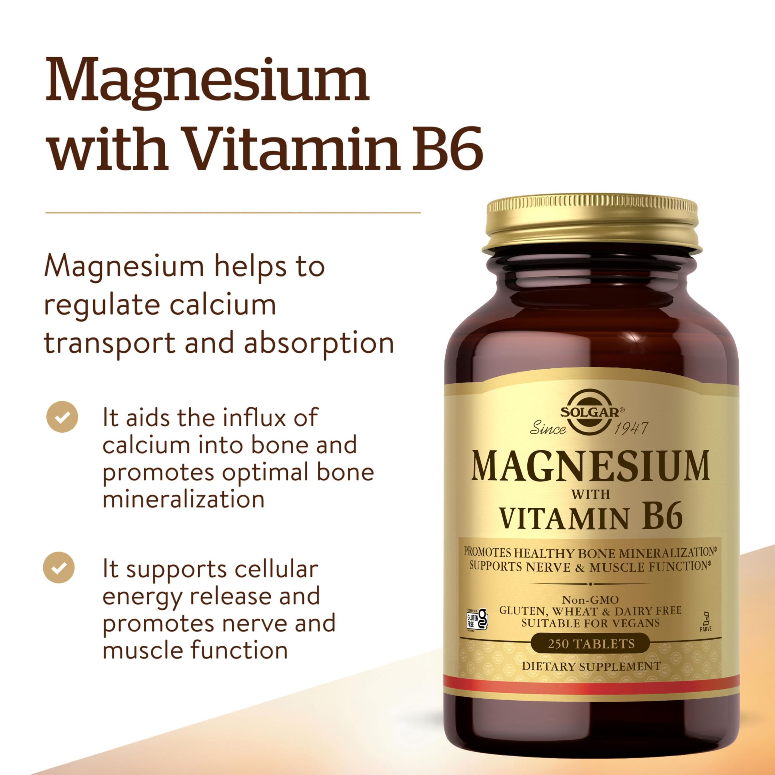 Solgar Magnesium with Vitamin B6 bottle side shows gluten-free vegan labeling