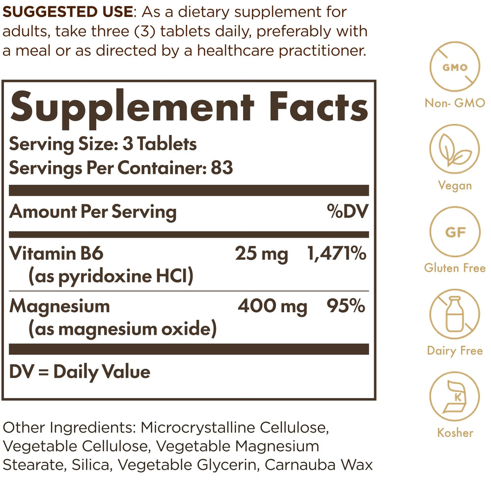 Solgar Magnesium with Vitamin B6 capsules closeup highlights easy-to-swallow tablets