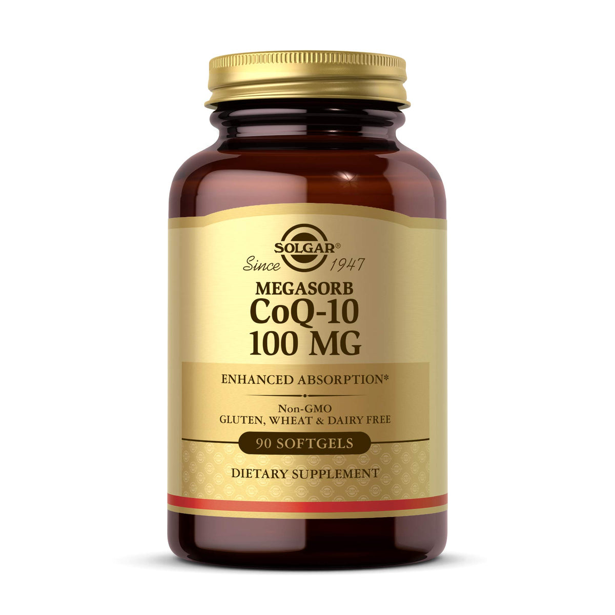 Solgar Megasorb CoQ-10 softgel bottle on shelf with potential daily vitality support