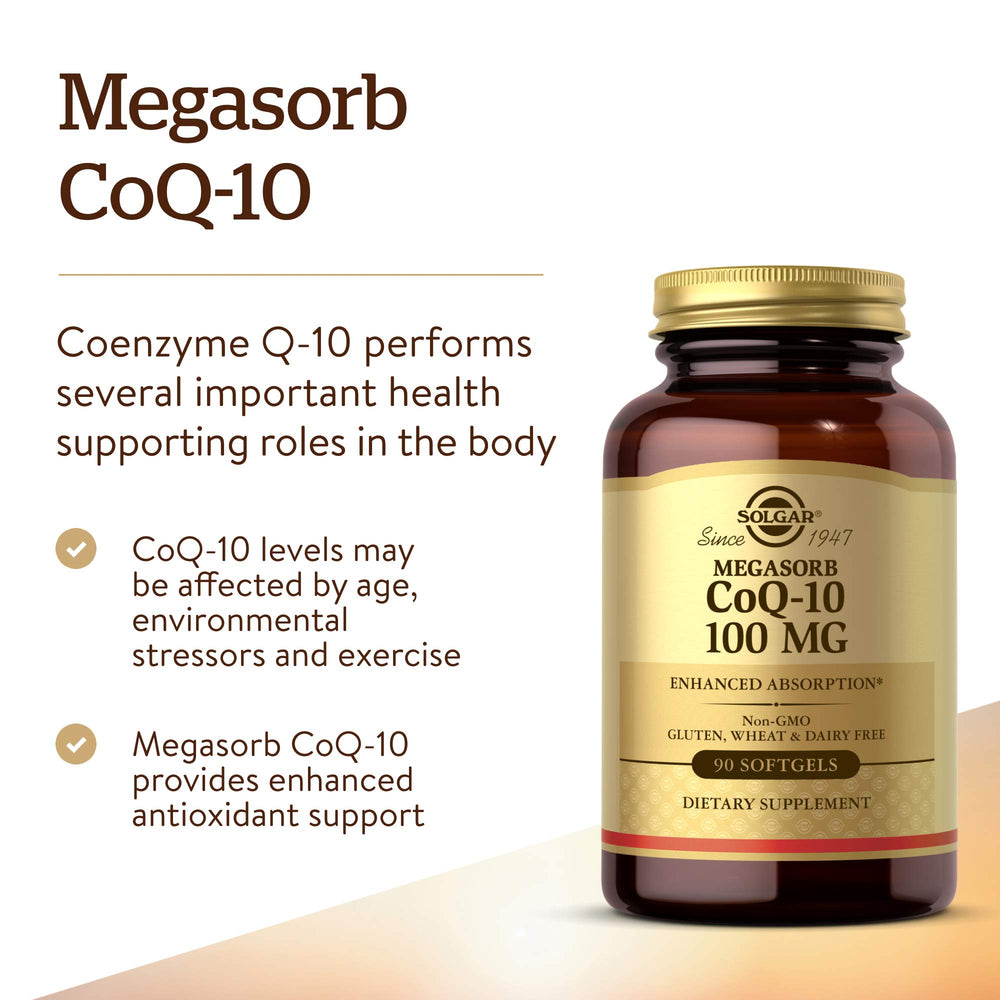 Solgar Megasorb CoQ-10 bottle label emphasizing enhanced absorption