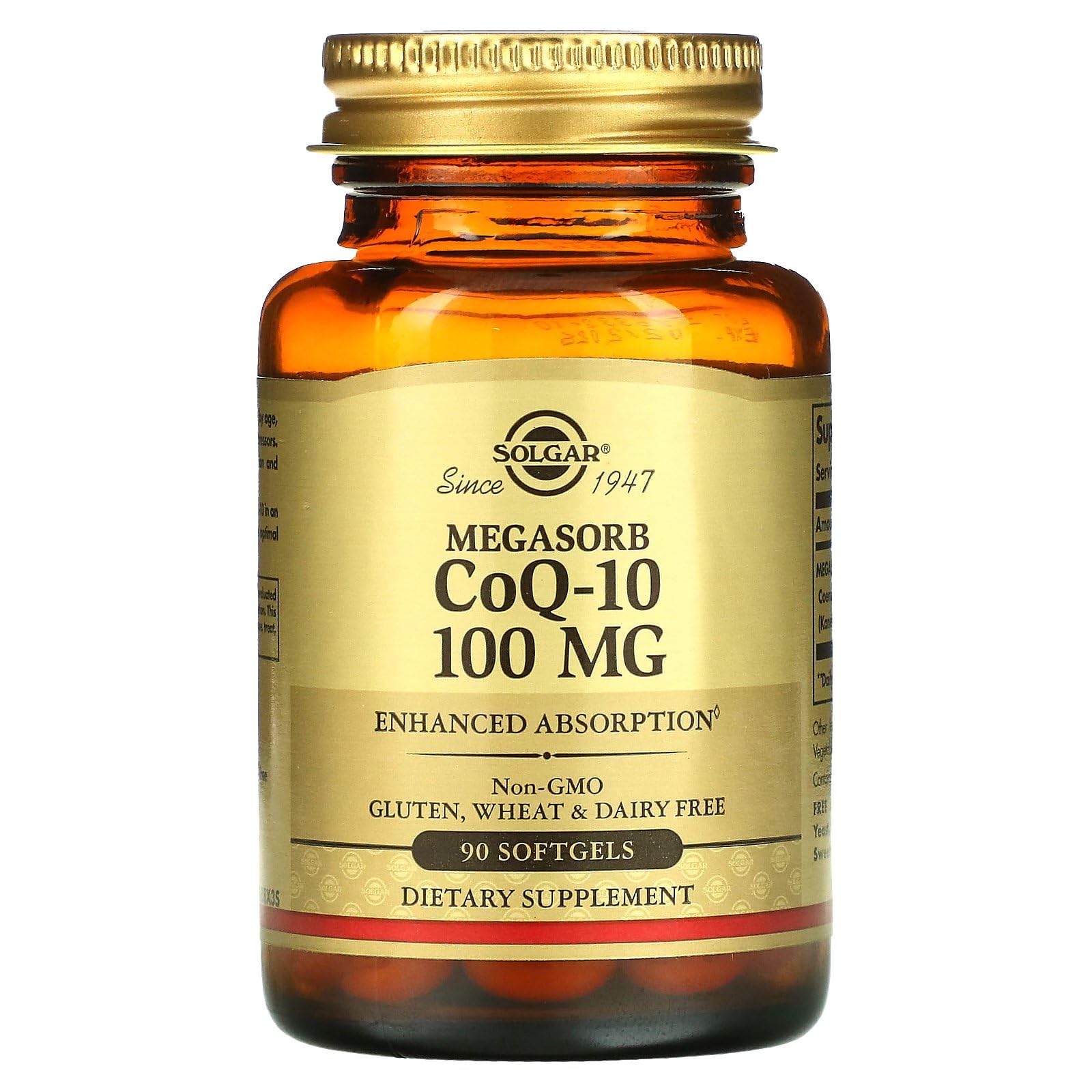 Solgar Megasorb CoQ-10 packaging box showcasing non-GMO gluten-free dairy-free